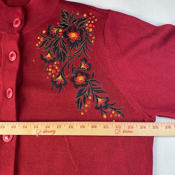 BOB MACKIE Cardigan EMBROIDERED Red Button Up LONG Sweater! FLORAL ART Sz 1X - Picture 9 of 16